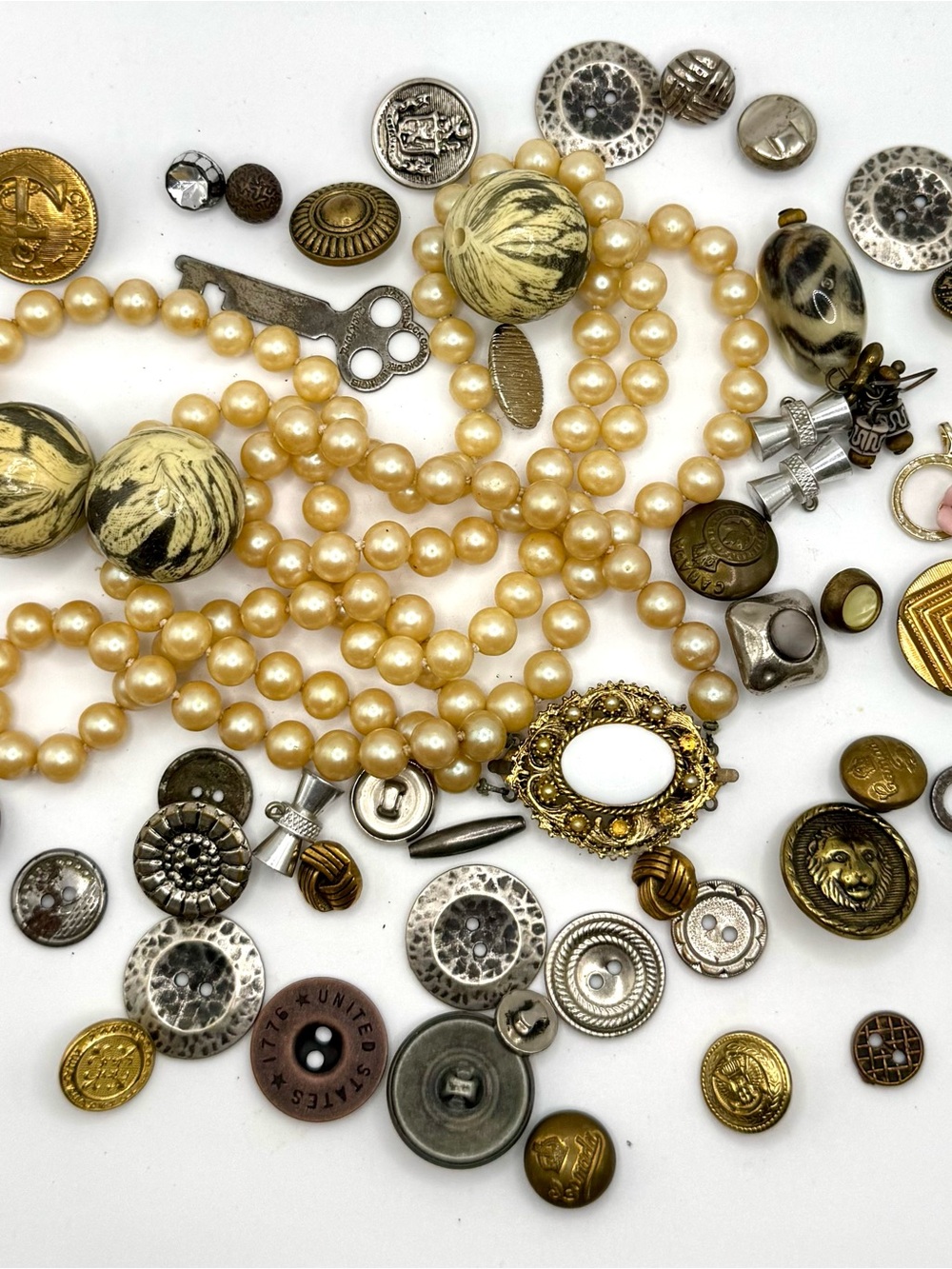 Vintage double strand pearl necklace broken - military buttons and such box 30